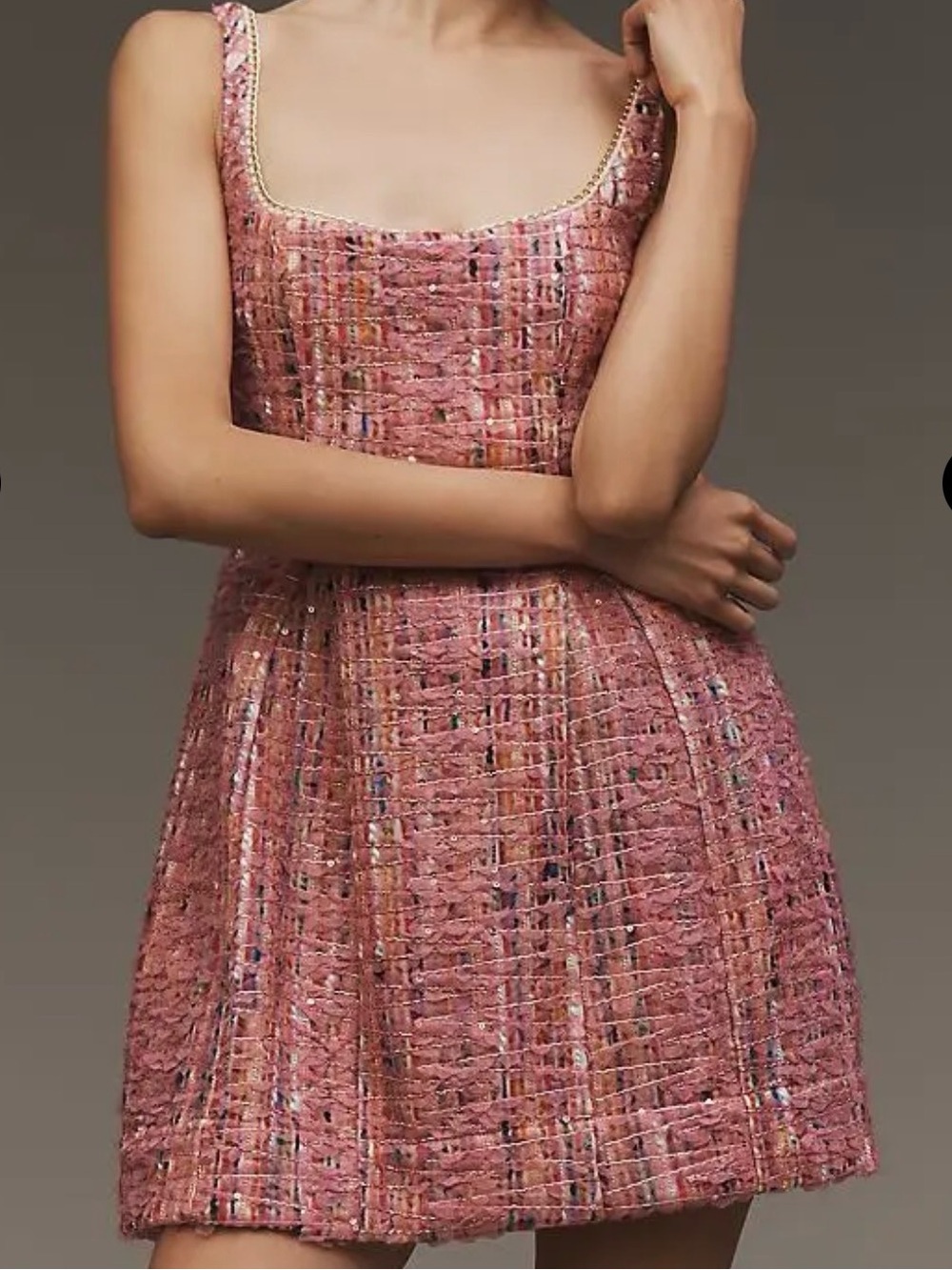 NWT Maeve Anthropologie Pink Sequin Tweed Fit and Flare Mini Dress Sz 14 - Picture 3 of 16